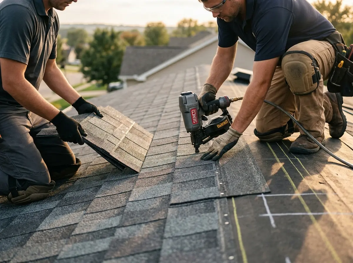 Professional roofer working on a residential roof in Sacramento